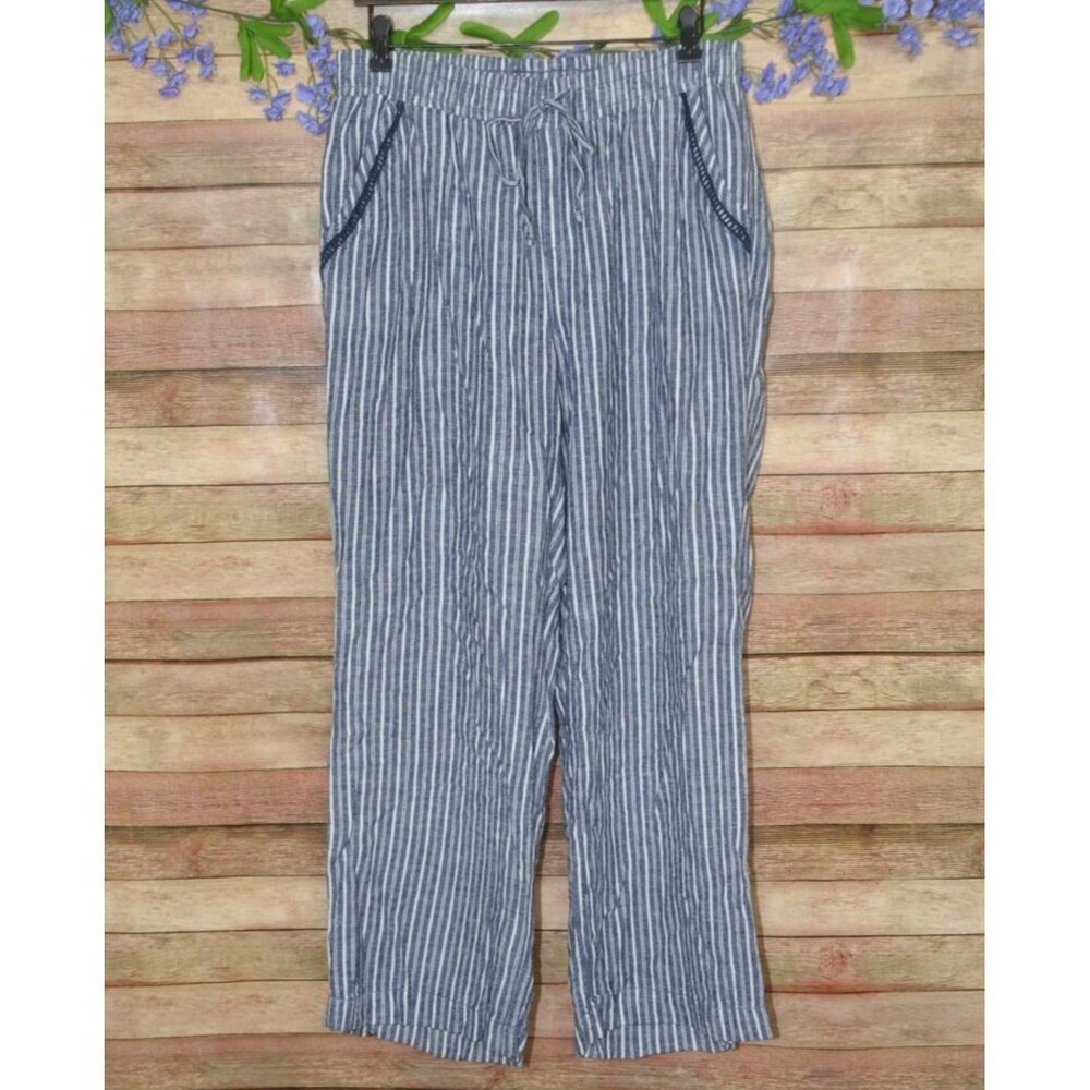 Briggs Linen Blend Blue Striped Pants Comfort Pull On Relaxed Size L Preppy